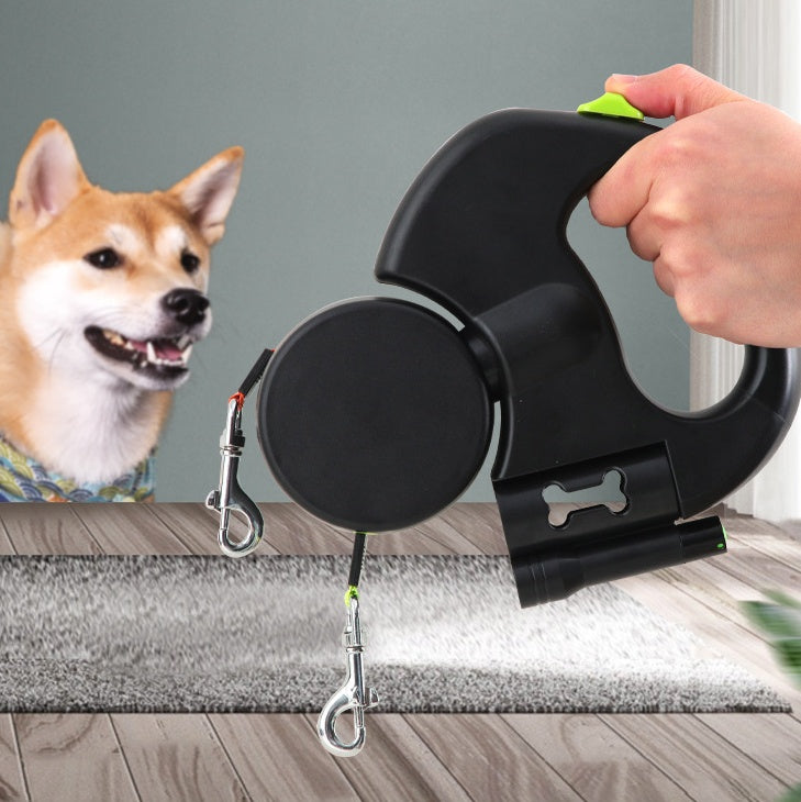 Dual Retractable Dog Leash with Flashlight & Poop Bag Holder