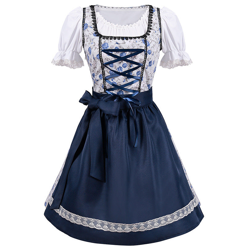 Blue & White Floral Beer Maid Dress – Oktoberfest Bavarian Style Outfit for Women