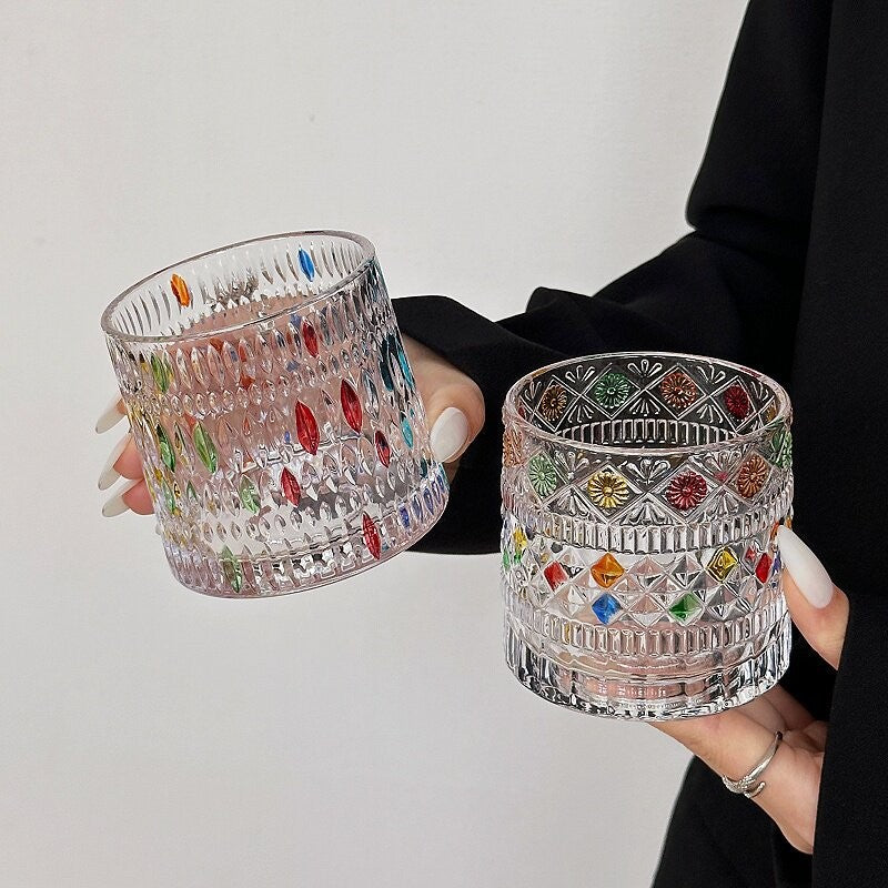 Hand-Blown Glass Beer Cup – Painted “Rattan” Style with Base (201–300ml)