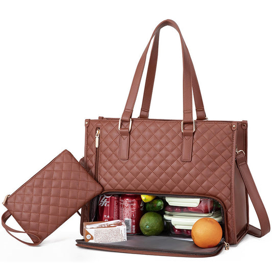 2-in-1 Quilted Women’s Tote Bag with Insulated Lunch Compartment & Matching Wallet | Stylish Laptop & Work Bag