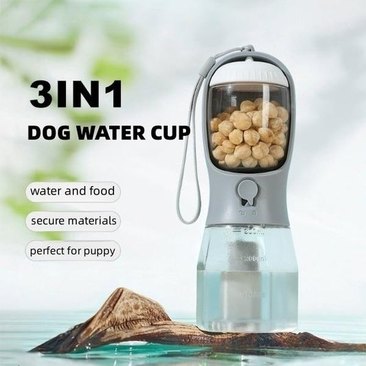 3-in-1 Pet Travel Water Bottle – Water, Food & Waste Bag Dispenser