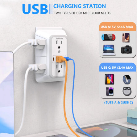 6 Outlet Power Strip with 4 USB Ports Multi Plug Extension Board Fast Charging Surge Protector White