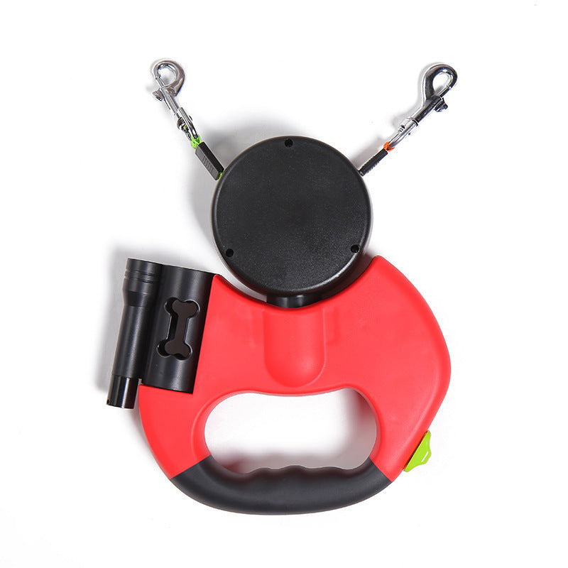Dual Retractable Dog Leash with Flashlight & Poop Bag Holder