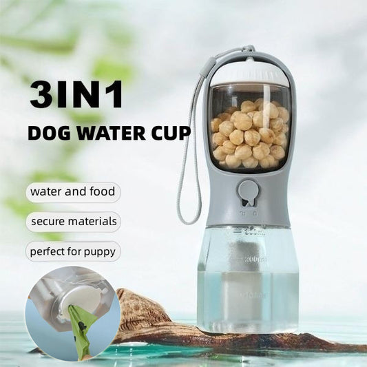 3-in-1 Pet Travel Water Bottle – Water, Food & Waste Bag Dispenser