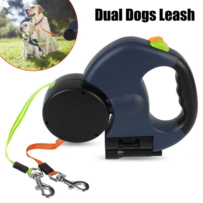 Dual Retractable Dog Leash with Flashlight & Poop Bag Holder