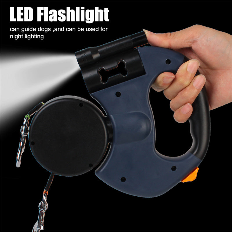 Dual Retractable Dog Leash with Flashlight & Poop Bag Holder
