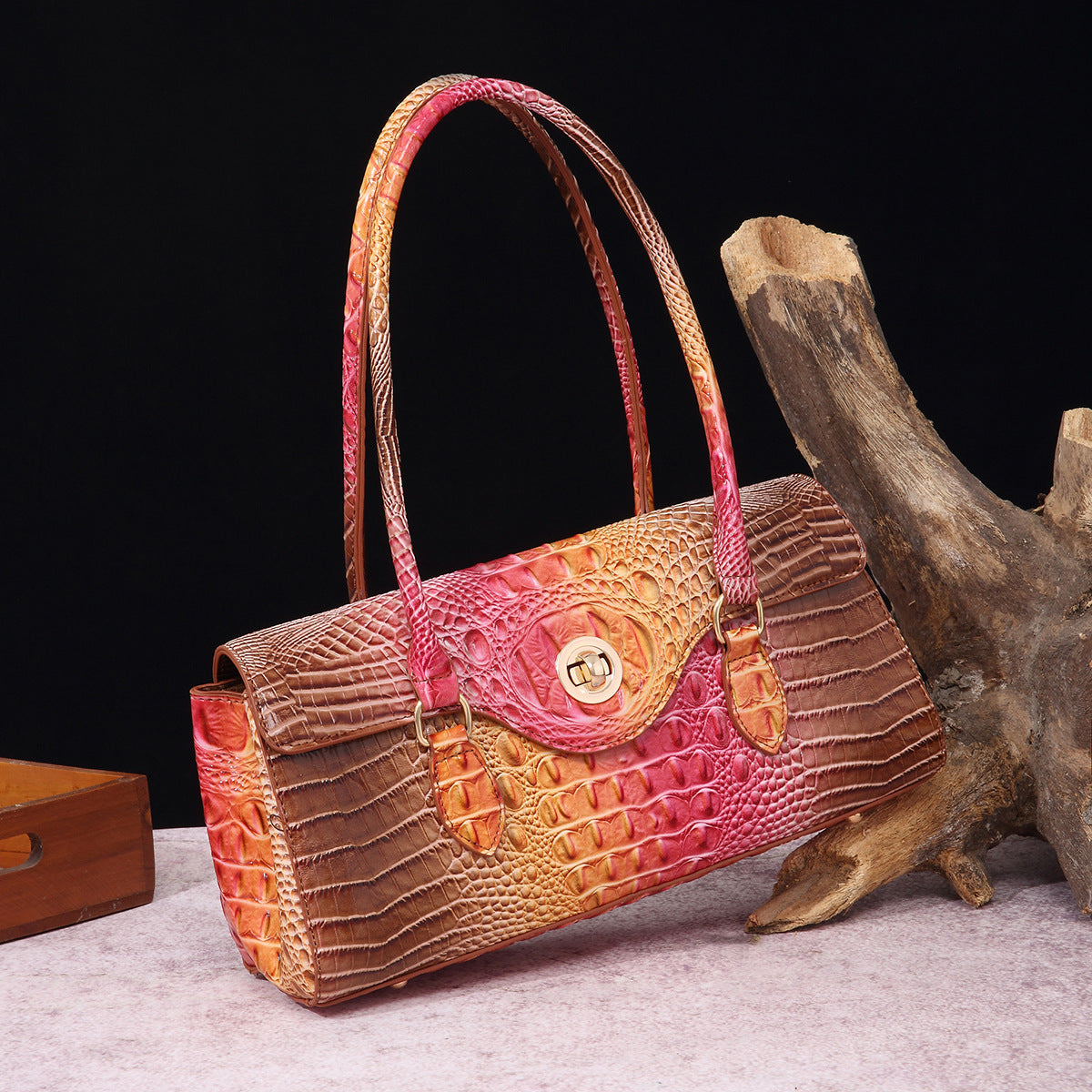 Womens Crocodile-Print Brahmin Shoulder Tote Bag