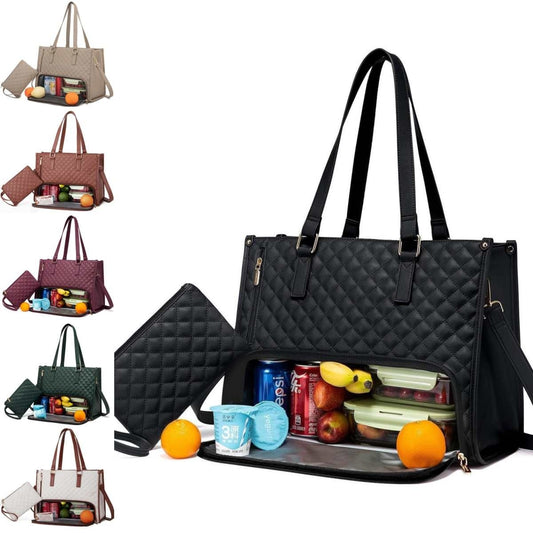 2-in-1 Quilted Women’s Tote Bag with Insulated Lunch Compartment & Matching Wallet | Stylish Laptop & Work Bag