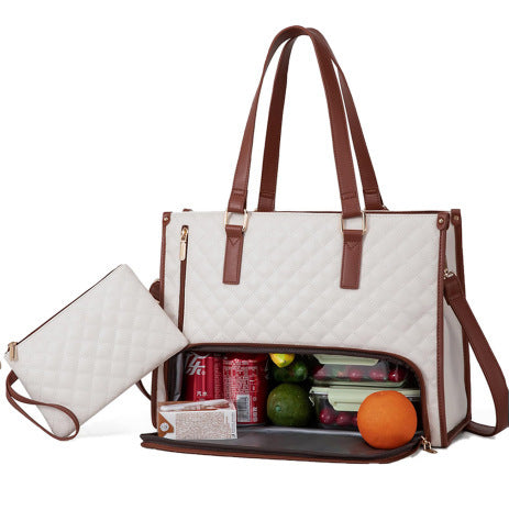 2-in-1 Quilted Women’s Tote Bag with Insulated Lunch Compartment & Matching Wallet | Stylish Laptop & Work Bag