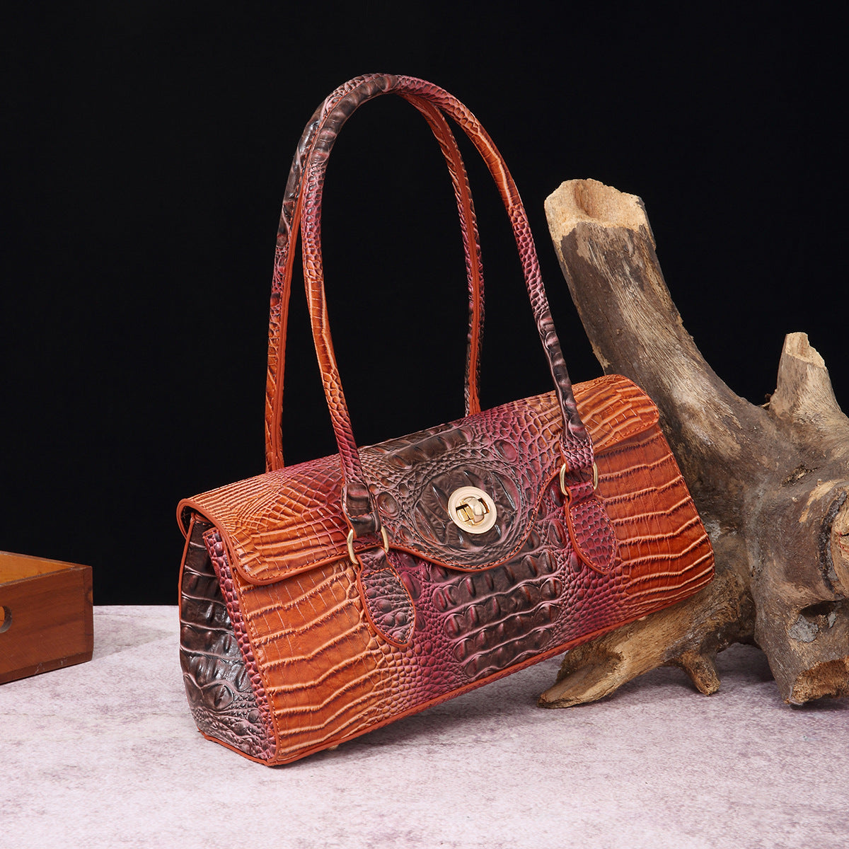 Womens Crocodile-Print Brahmin Shoulder Tote Bag