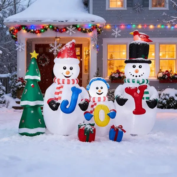 Giant Christmas Inflatable – Snowman Family with Christmas Tree & JOY Sign (LED Light-Up)