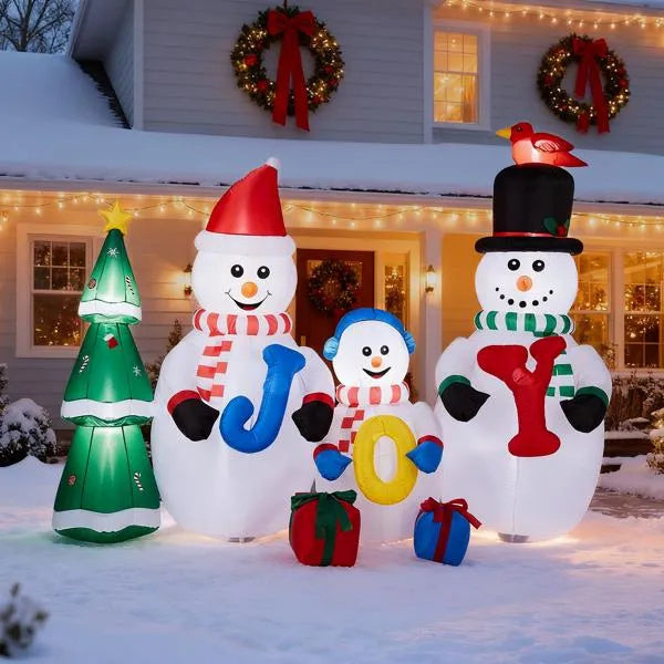 Giant Christmas Inflatable – Snowman Family with Christmas Tree & JOY Sign (LED Light-Up)