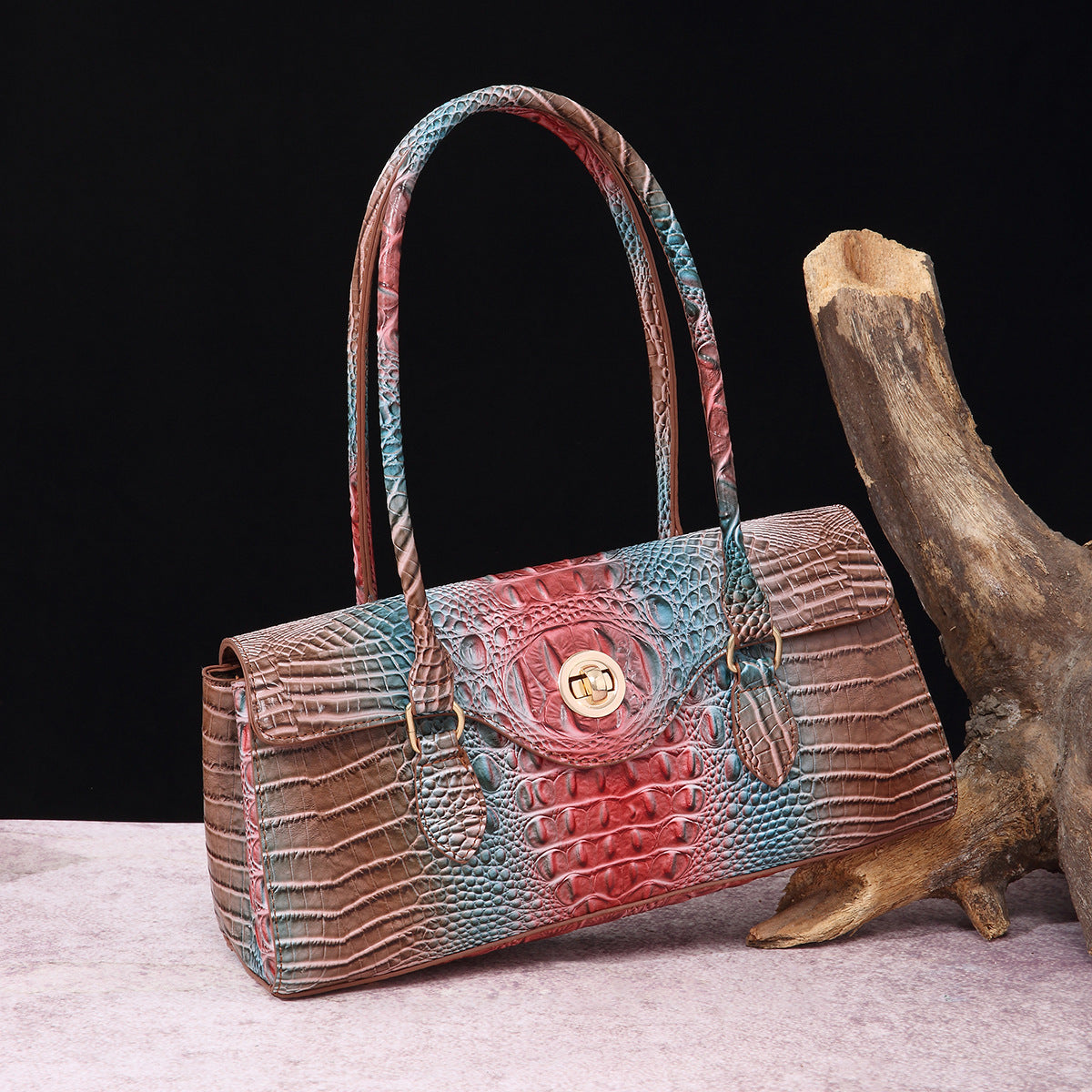 Womens Crocodile-Print Brahmin Shoulder Tote Bag