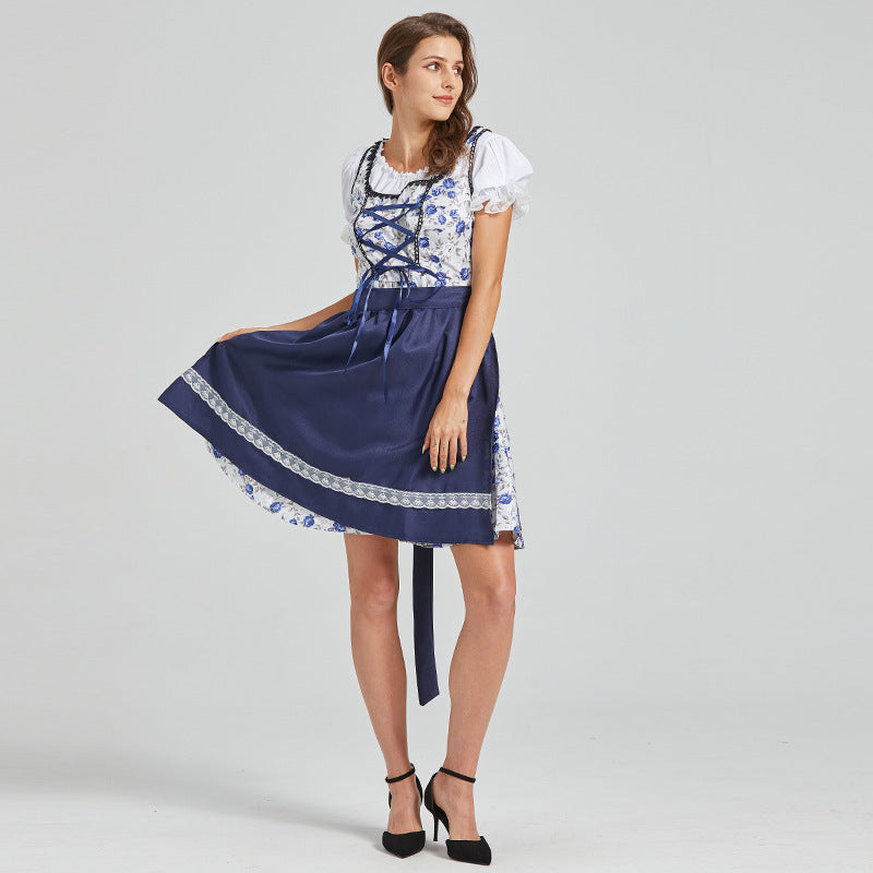 Blue & White Floral Beer Maid Dress – Oktoberfest Bavarian Style Outfit for Women