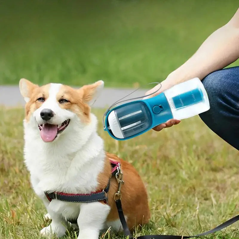 3-in-1 Pet Travel Water Bottle – Water, Food & Waste Bag Dispenser