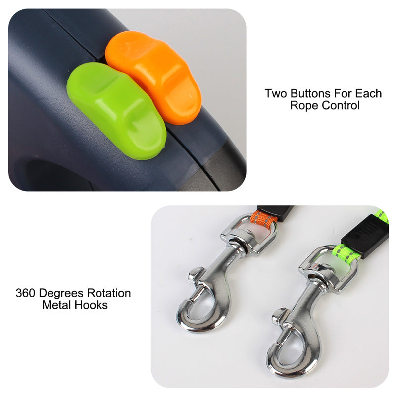 Dual Retractable Dog Leash with Flashlight & Poop Bag Holder