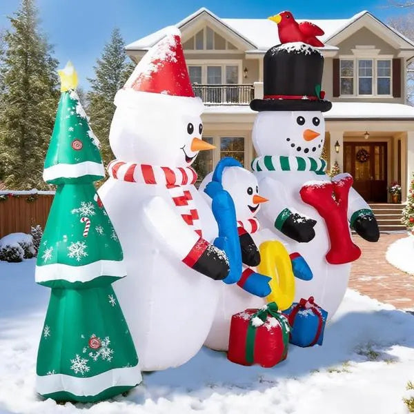 Giant Christmas Inflatable – Snowman Family with Christmas Tree & JOY Sign (LED Light-Up)