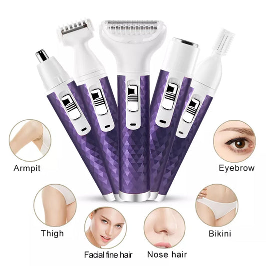5-in-1 Women Electric Shaver USB Rechargeable Bikini Trimmer Eyebrow Nose Hair Remover Cordless Grooming Kit