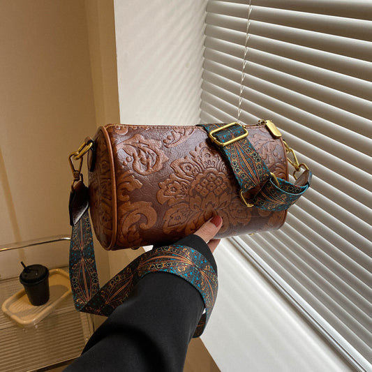 Embossed Round Barrel Crossbody Womens Fashion Shoulder Bag