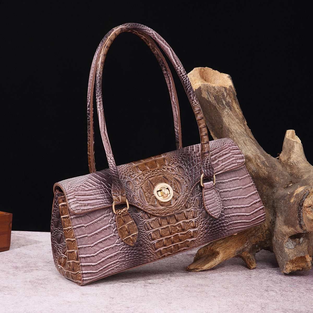 Womens Crocodile-Print Brahmin Shoulder Tote Bag