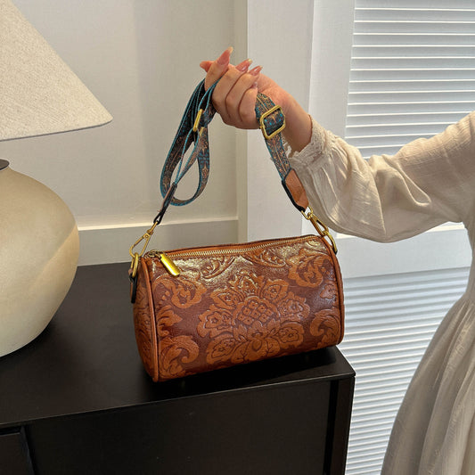 Embossed Round Barrel Crossbody Womens Fashion Shoulder Bag