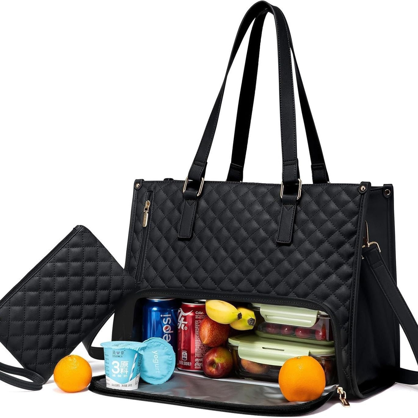 2-in-1 Quilted Women’s Tote Bag with Insulated Lunch Compartment & Matching Wallet | Stylish Laptop & Work Bag