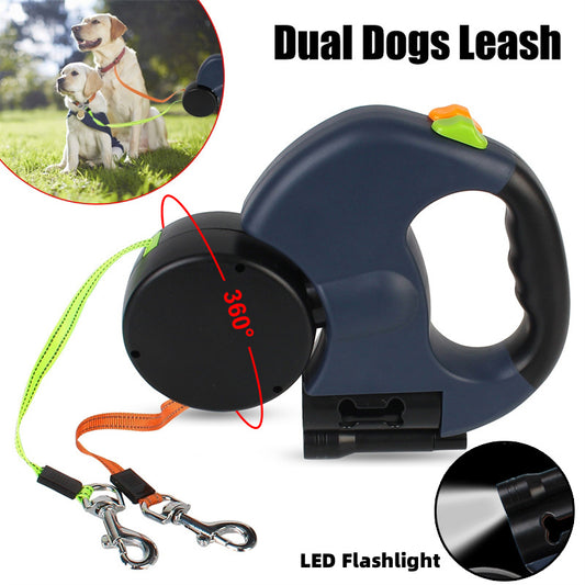 Dual Retractable Dog Leash with Flashlight & Poop Bag Holder