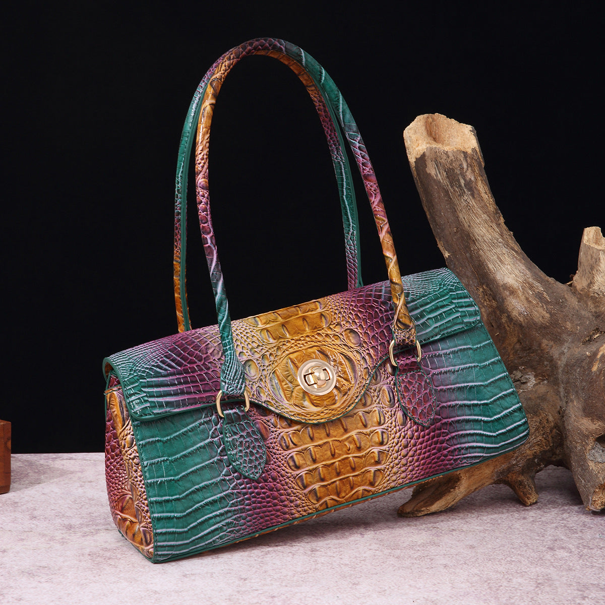 Womens Crocodile-Print Brahmin Shoulder Tote Bag