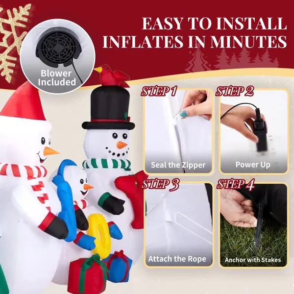 Giant Christmas Inflatable – Snowman Family with Christmas Tree & JOY Sign (LED Light-Up)