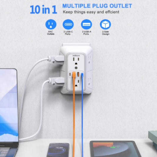 6 Outlet Power Strip with 4 USB Ports Multi Plug Extension Board Fast Charging Surge Protector White