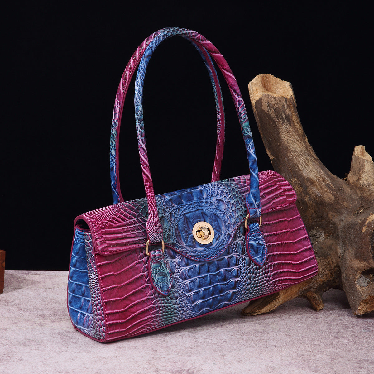 Womens Crocodile-Print Brahmin Shoulder Tote Bag