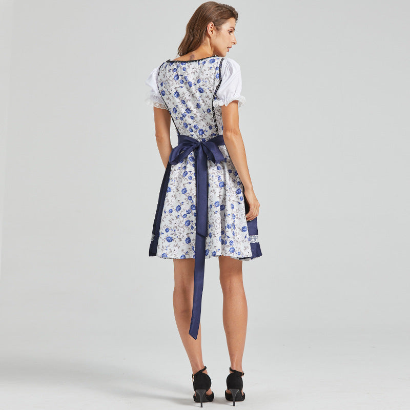 Blue & White Floral Beer Maid Dress – Oktoberfest Bavarian Style Outfit for Women