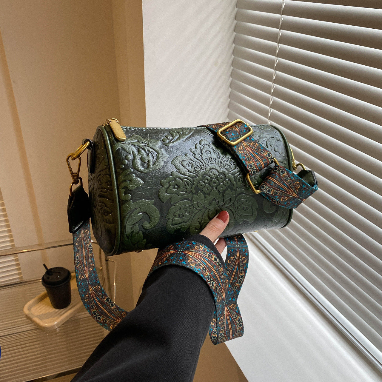 Embossed Round Barrel Crossbody Womens Fashion Shoulder Bag